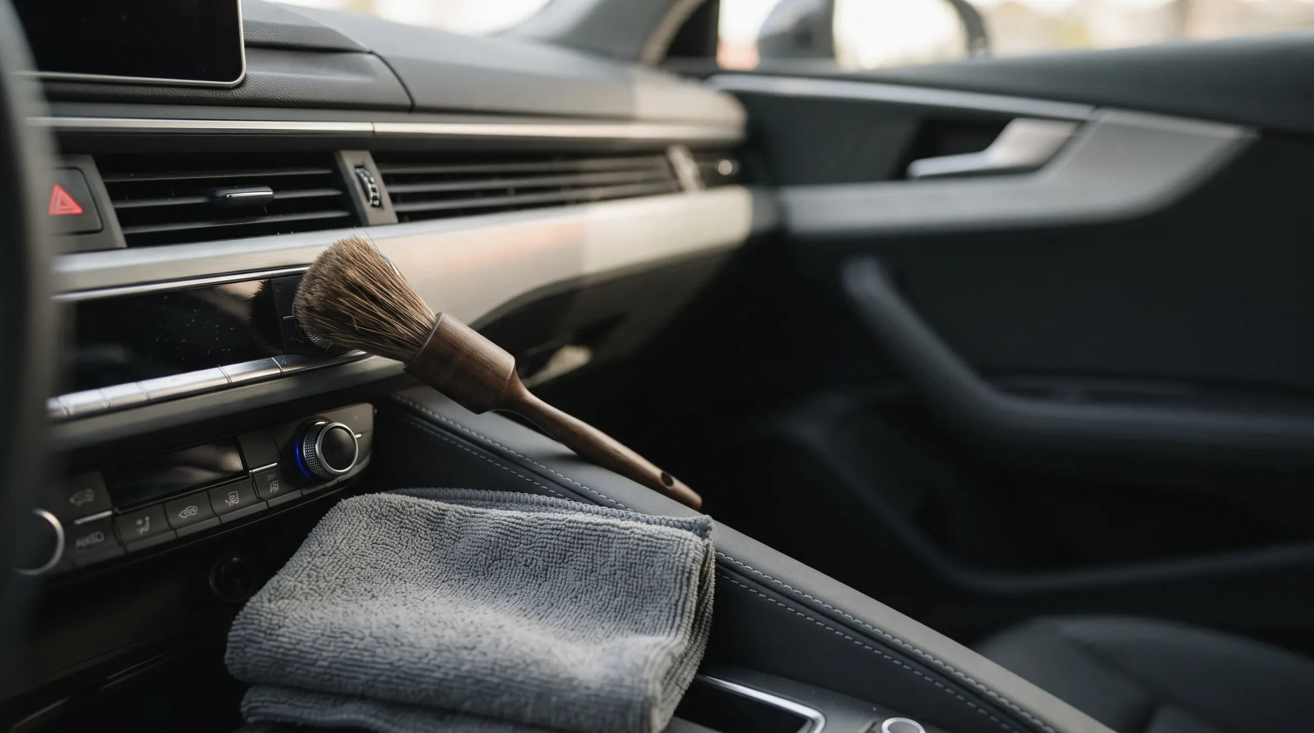 Car interior care with detailing brush and microfibre cloth