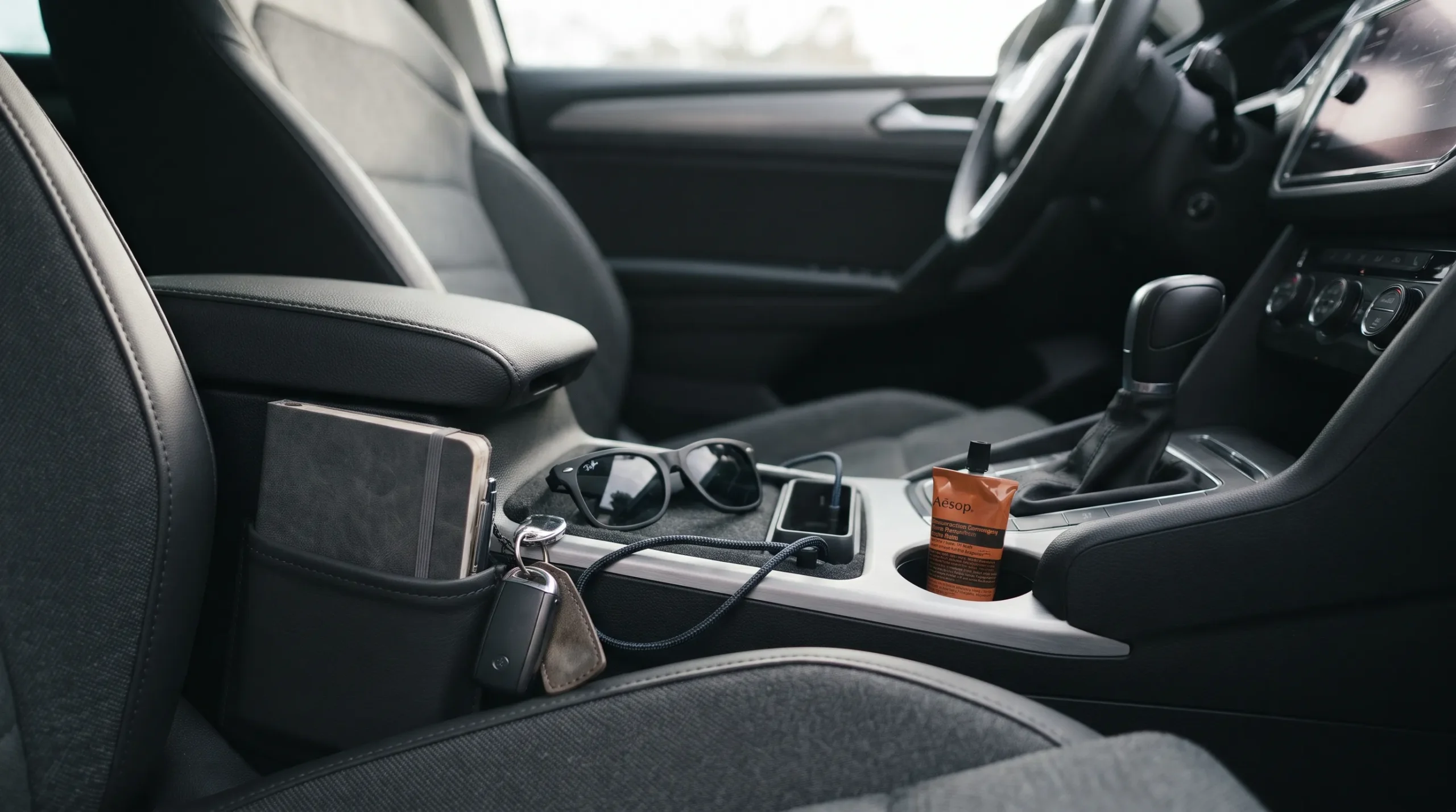 Organised modern car interior with everyday essentials